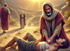 DALL·E 2025-02-18 15.29.34 - A realistic digital painting of the Good Samaritan parable. A compassionate Samaritan man is seen kneeling beside an injured traveler on a dusty road